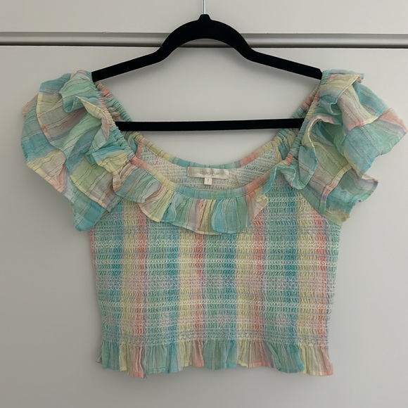 $195 LOVESHACKFANCY Saba Ruched Ombré Ruffle Croptop - Picture 2 of 3